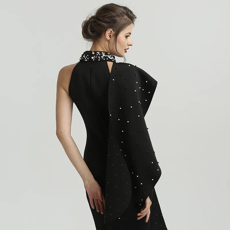 Vestido De noche De sirena con cuello alto y perlas, elegante, sin mangas, largo, Formal, árabe, color negro, 2022