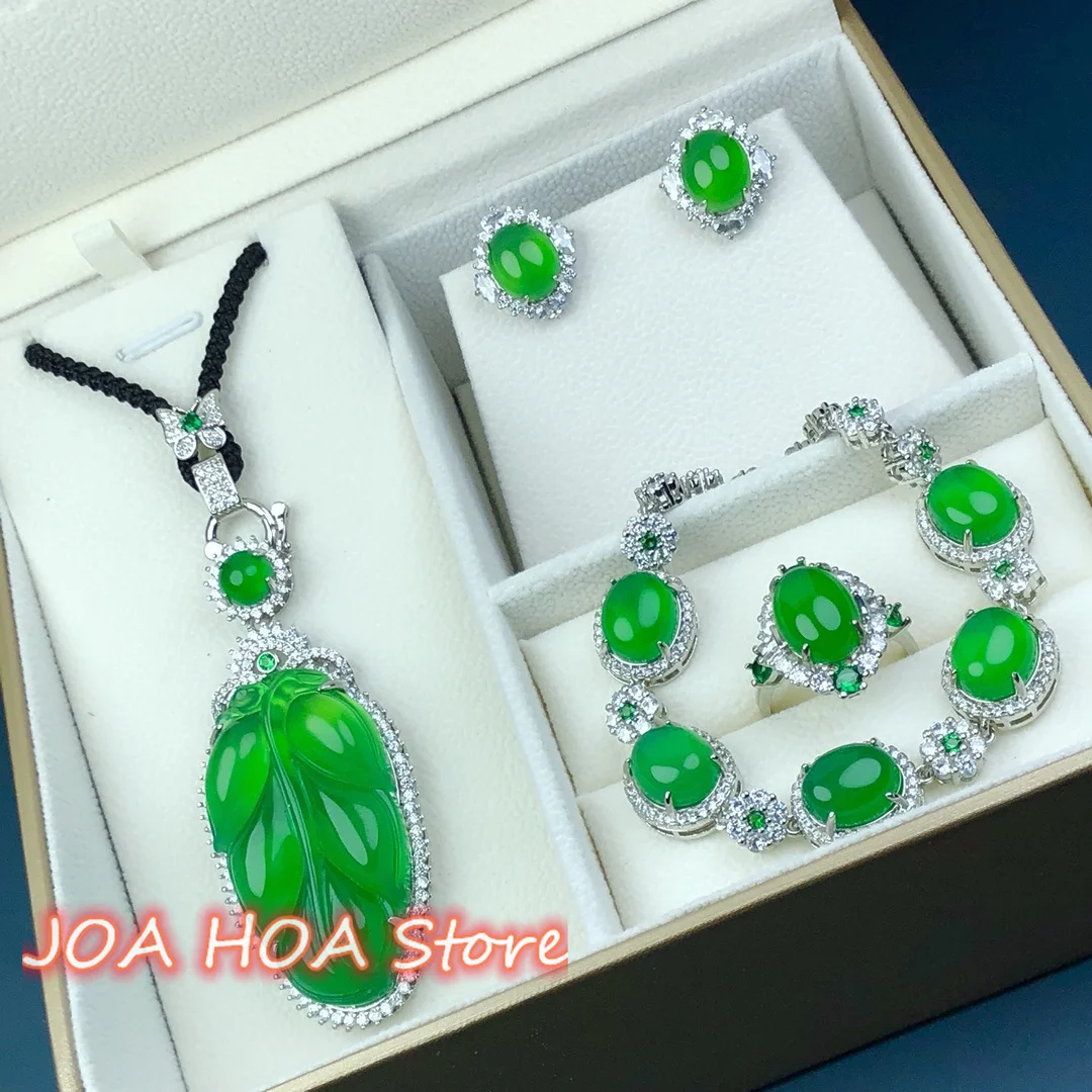 New Inlaid Jades Natural Chalcedony Agate Jade Bangle Fine Leaf Pendant Ring Earring Chain Necklace Braelet Fine Jewelry