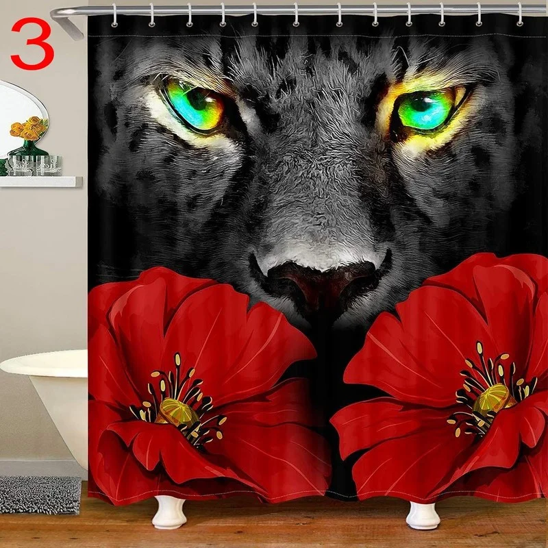 Waterproof Fabric Bathroom Decor Sets with Hooks, Wild Animal Shower Curtain, Lion, Tiger, Leopard, Flower Theme, Washable