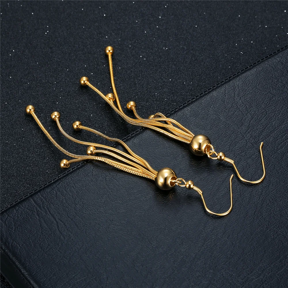 Vintage Gold Color Bar Long Thread Tassel Drop Earrings for Women Ball Geometric Korean Fashion Jewelry