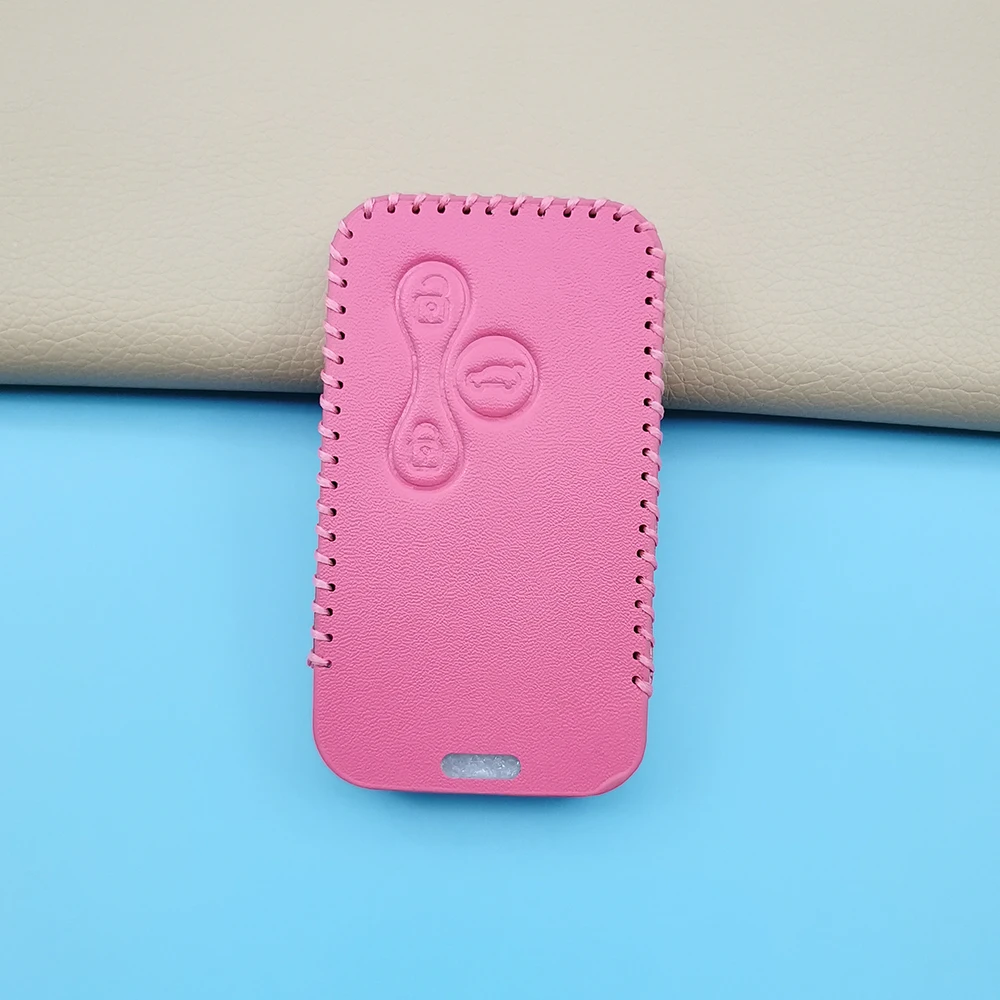 Pink Leather Protective Cover With 3 Buttons Car Key Case For Renault Clio Logan Megane 2 3 Koleos Scenery Card Protect Shell
