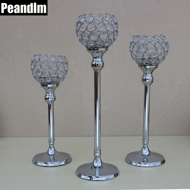 PEANDIM Silver Metal Candle Holders 30cm 35cm 40cm Stand Crystal Candlestick Candle Lantern Table Centerpieces Wedding Deco Idea