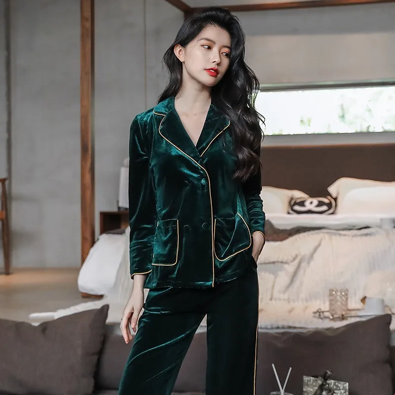 Velvet Sleepwear Autumn Winter New Women Pajamas 2 Pieces PJS Set Casual Nightwear Lounge Wear Velour Intimate Lingerie Homewear