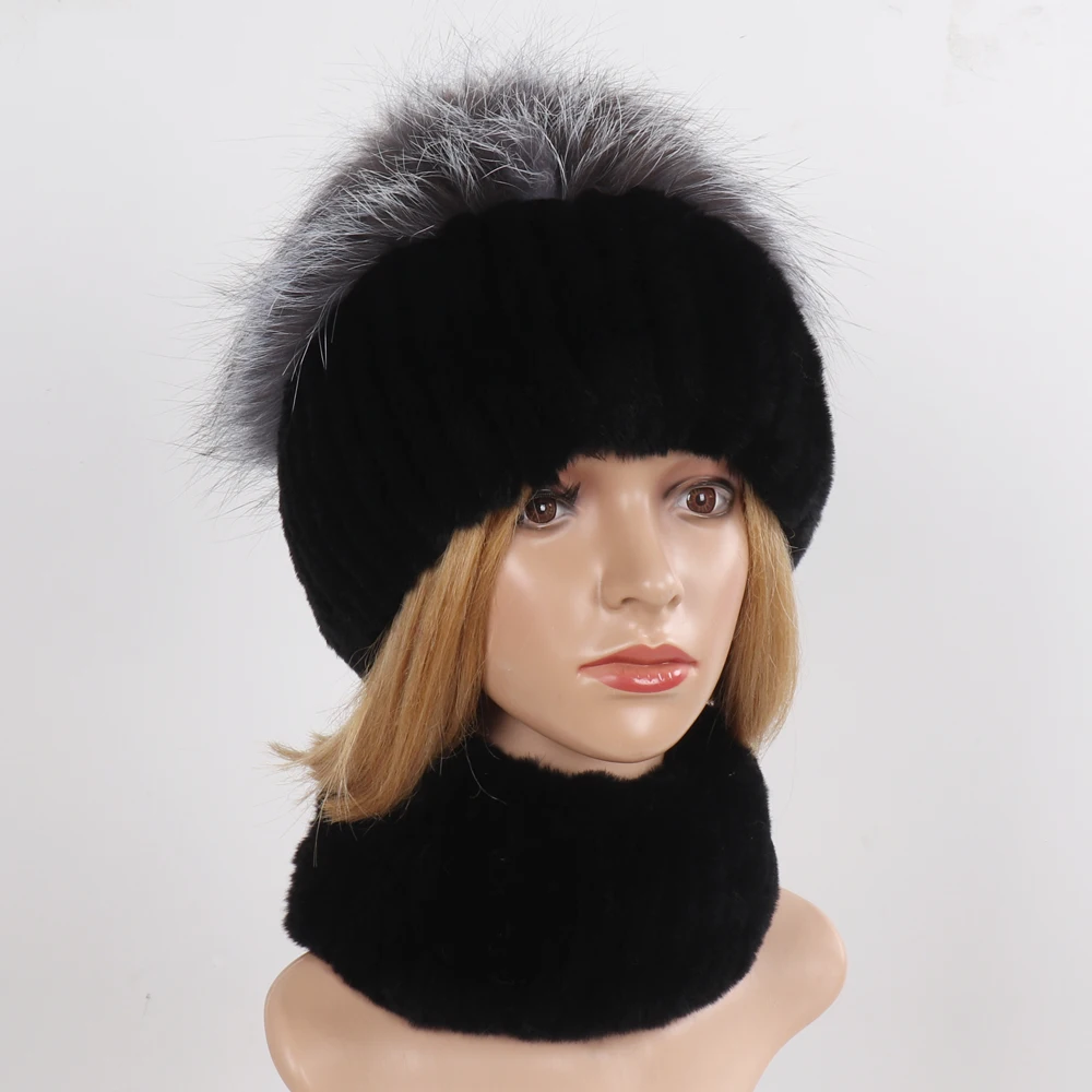 Women's Winter Warm Genuine Fur Hat Scarf Set Real Rex Rabbit Fur Cap with Silver Fox Scarves 2-Piece Natural Fashion Accessory