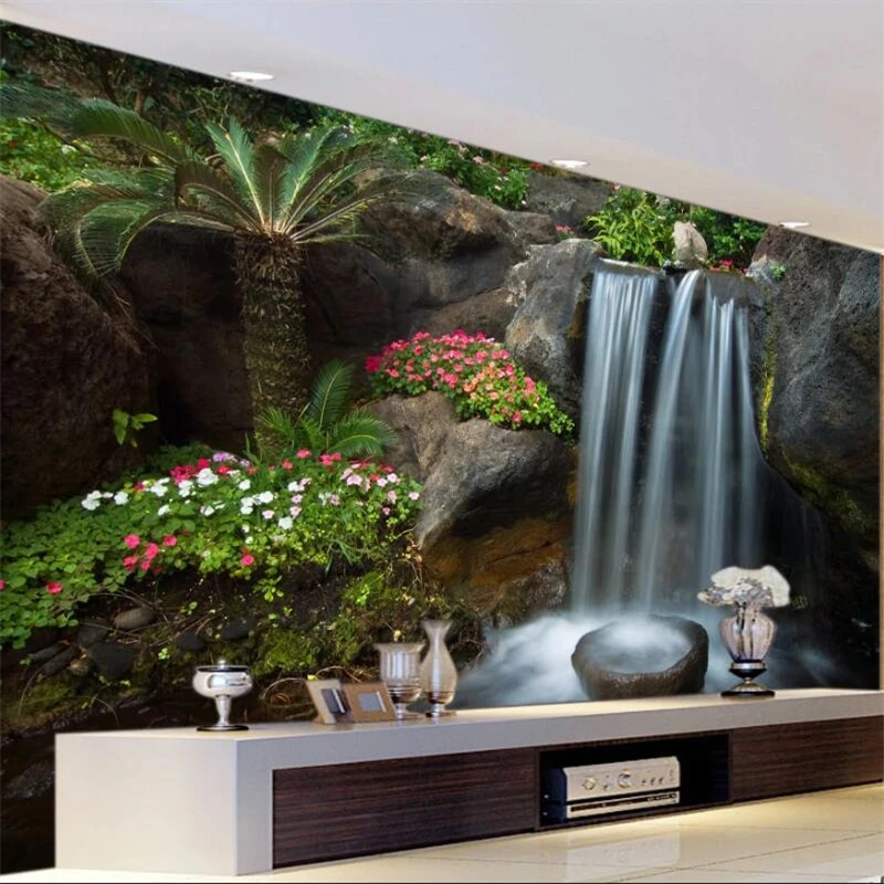 

wellyu Customized large wall painter with cornucopia flowing water and false rock garden background wall wallpaper