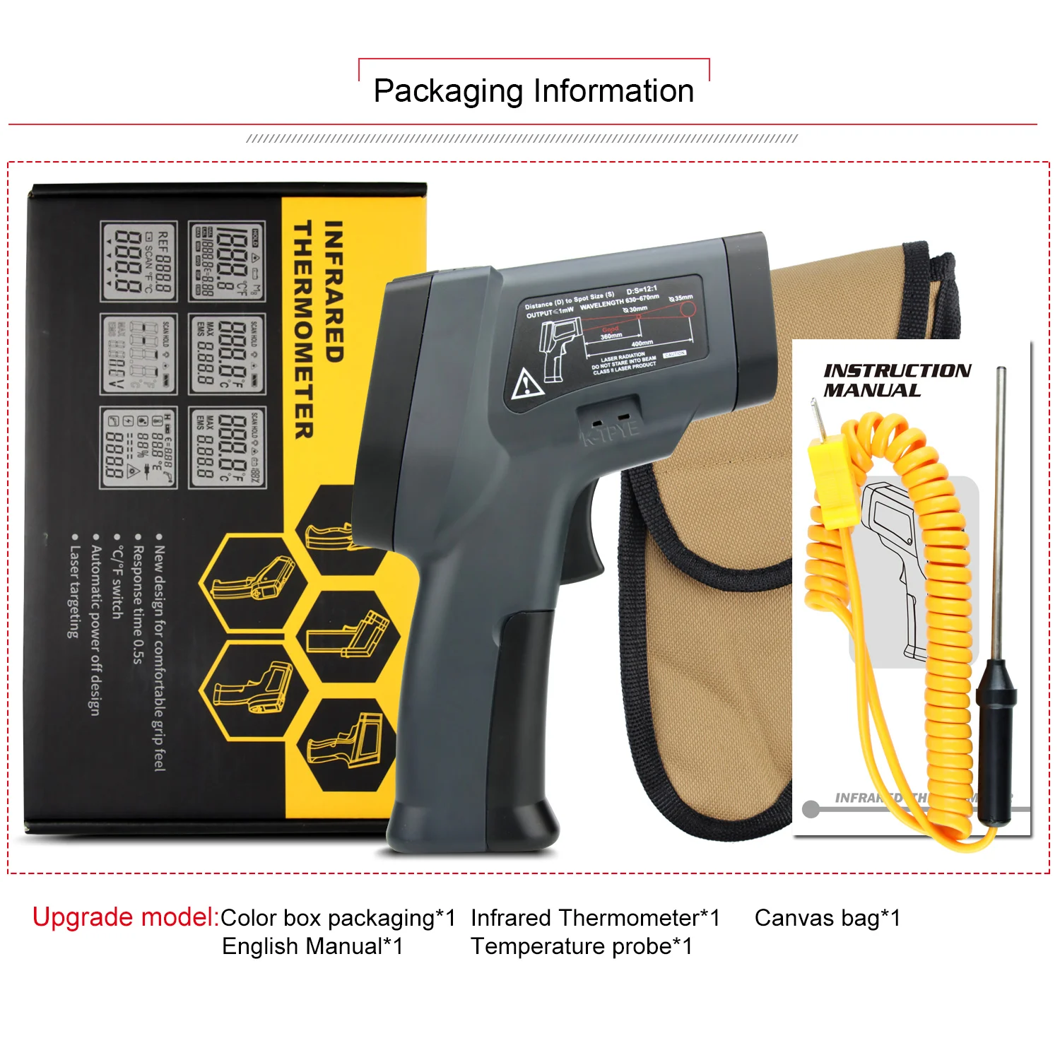 Digital Pyrometer K Thermocouple Infrared Thermometer Color Screen Temperature Gun Temperature/Humidity NCV Measurement