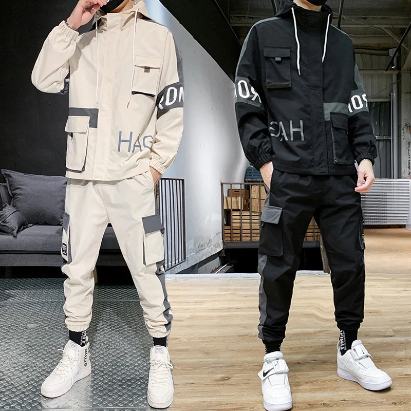 Hip-hop Suit Male Set Track Suits Sweatsuit Man Tracksuit Mens Set Pant Zipper Pockets Outwear 2PC Jacket+Pants Sets Men Clothes