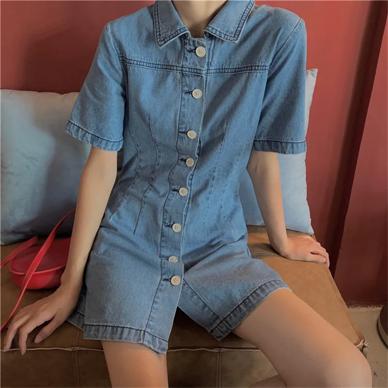 

2021 Sprig Summer New Women Dress Fashion Casual Short sleeve Denim dress High quality Teen dresses female High waist Vintage