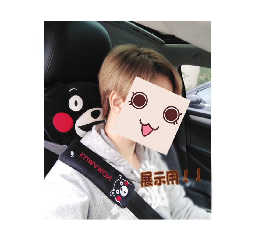 KUMAMON Black Bear Car Chair Headrest Neck Cushion Belt Cover