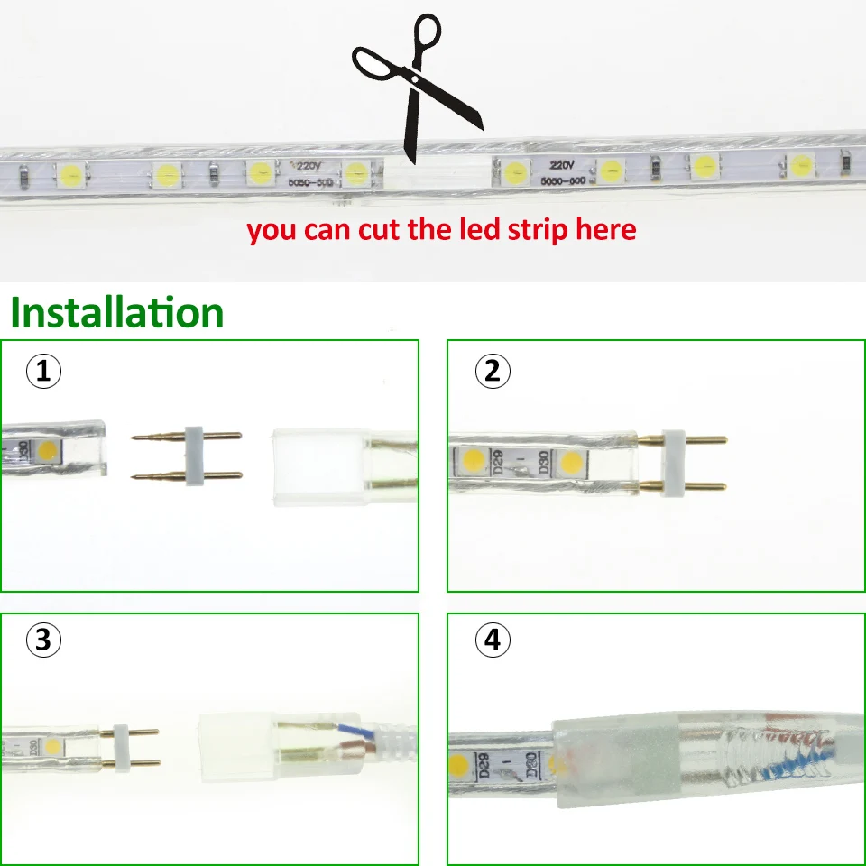 Lampu Strip LED 5050 220V Pita Led Tahan Air Strip Fleksibel 60 Leds/Meter Pencahayaan Taman Luar Ruangan dengan Steker UE 1M/2M/5M/10M/20