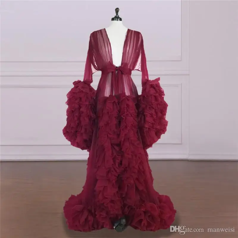 แขนยาว Burgundy อย่างเป็นทางการผู้หญิง Robe Nightgown ชุดนอนเสื้อคลุมอาบน้ำชุดนอนฉัตรและรถไฟพิเศษพรหม Bridesma