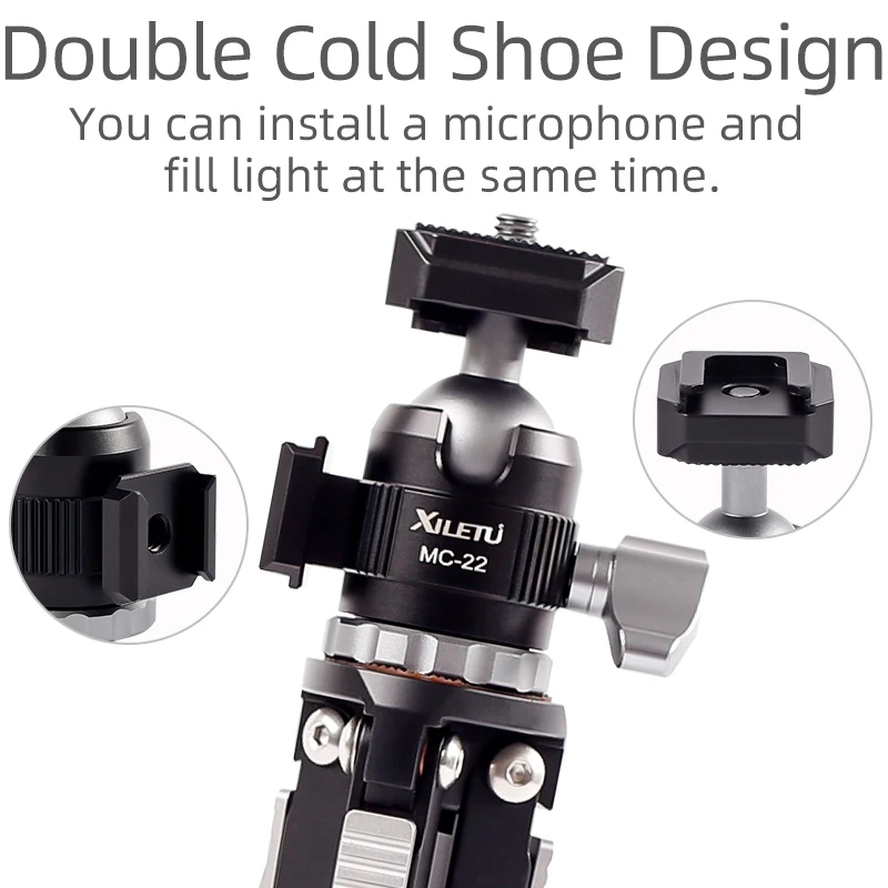 MC-22Aluminum  Mini Ball Head w 1/4'' Screw and Cold Shoe Adapter for Phone Tripod LED Video Light Monitor Swivel on DSLR Camera