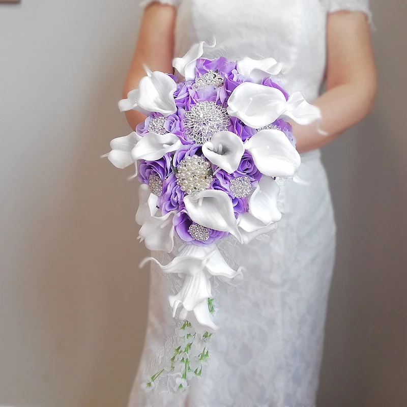 Taro Noble Purple Rose White Callalily Wedding Flowers Bridal Bouquets Cascading Wedding Bouquet Mariage Accessoirres Botonería