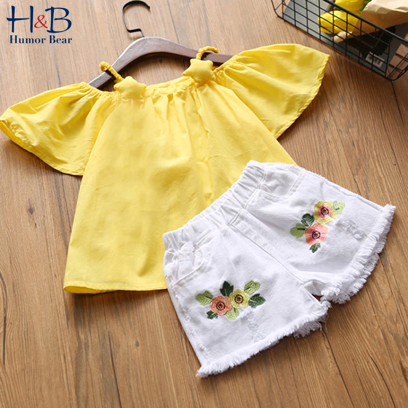 

Humor Bear Girl Clothes Set Summer Flying-Sleeve Sleeveless Top+Embroidered Shorts 2PCS Toddler Clothes for 2-6Y