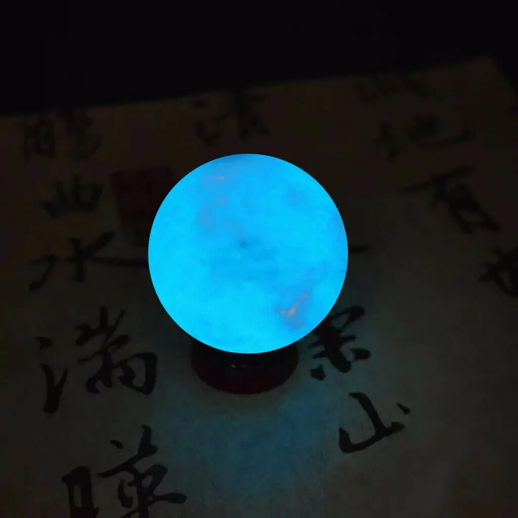 35MM Blue Luminous Quartz Crystal Sphere Ball Glow In The Dark Stone With Base