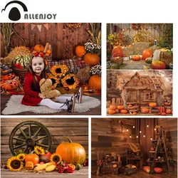 Allenjoy Autumn Photophone Pumpkin Wooden Floor Haystack Flag Halloween Background Sunflowers Christmas Photography Backdrop