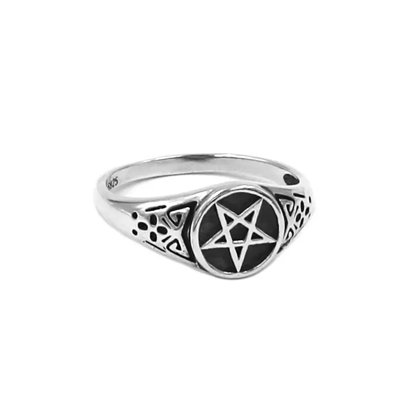 Fashion S925 Sterling Silver Pentacle Ring Viking Norse Pentagram Star Biker Wedding Ring Men Women Gift SWR0948