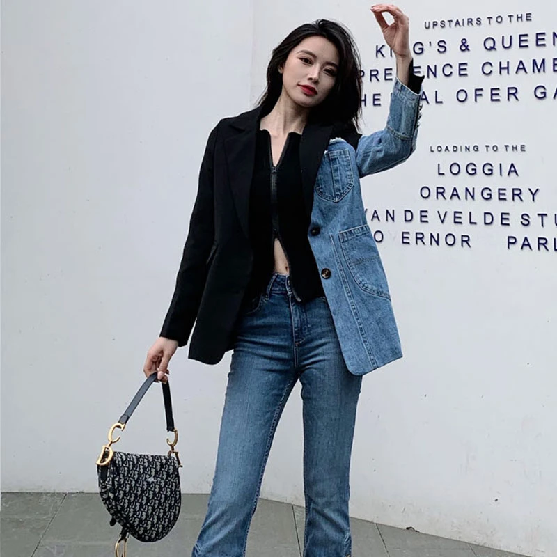 2021 New Autumn Women Personality Suit Irregular Stitching Denim Jacket Spring Fashion Female Slim Small Suit Blazer OL Blazers