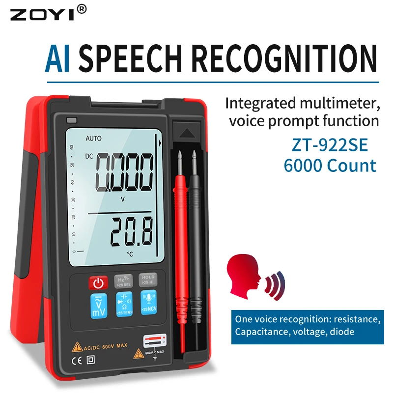 ZOYI AI Smart Digital Multimeter ZT-922SE Voice Recognition 6000 Counts AC/DC Ohm capacitance TEMP NCV Hz Auto Range TRMS Meter