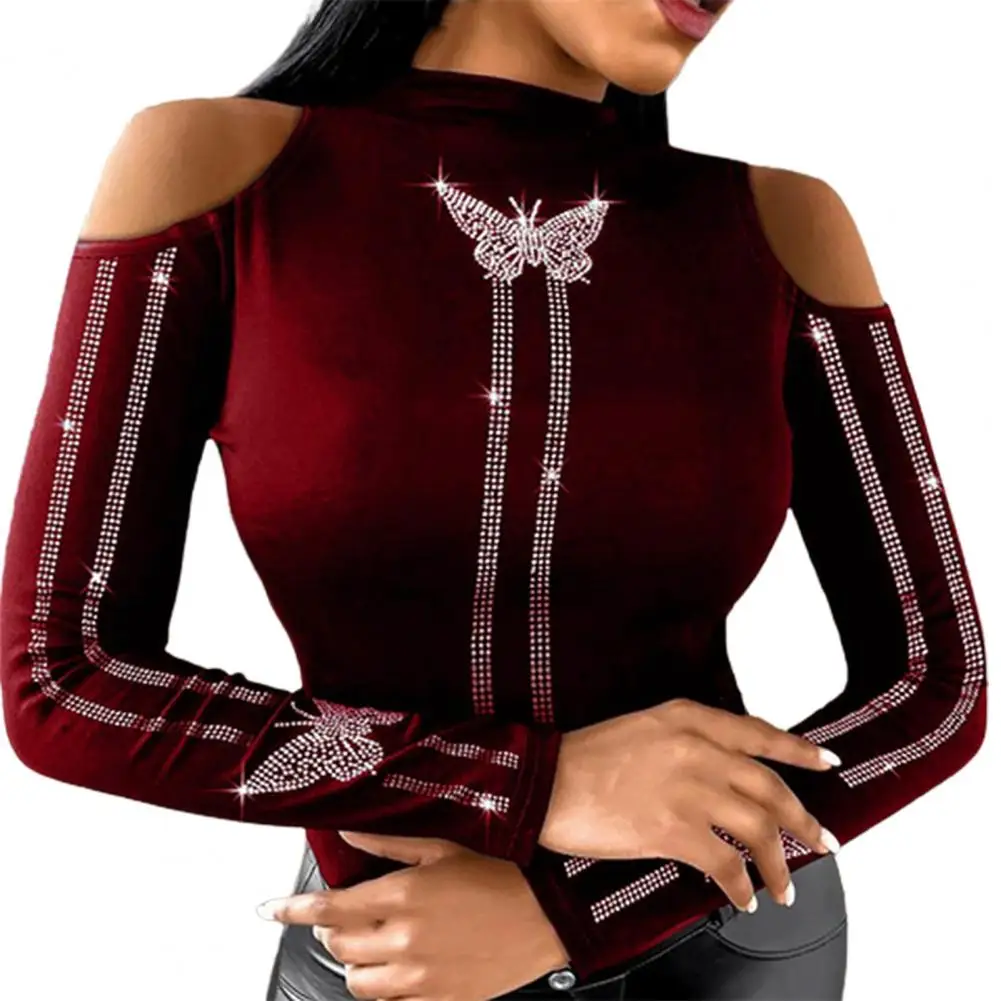 Blusa de manga larga con hombros descubiertos para mujer, camisa de mariposa con tachuelas de mezcla de algodón, ropa de calle para otoño, 2021