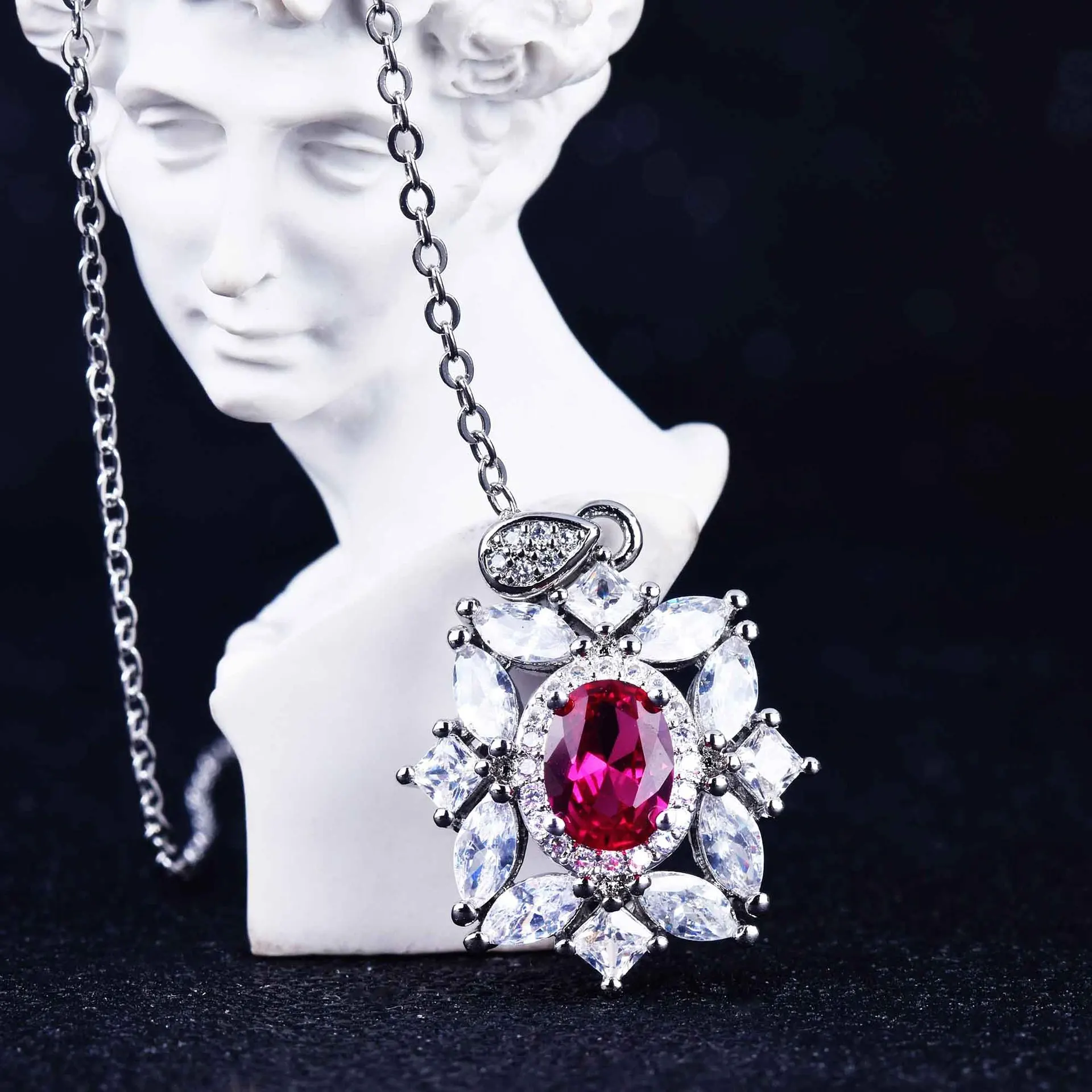 Silver Color Jewelry Sets Synthetic Ruby Engagement Ring Stud Earring Necklace For Wedding Christmas Valentine's Day Gift Party