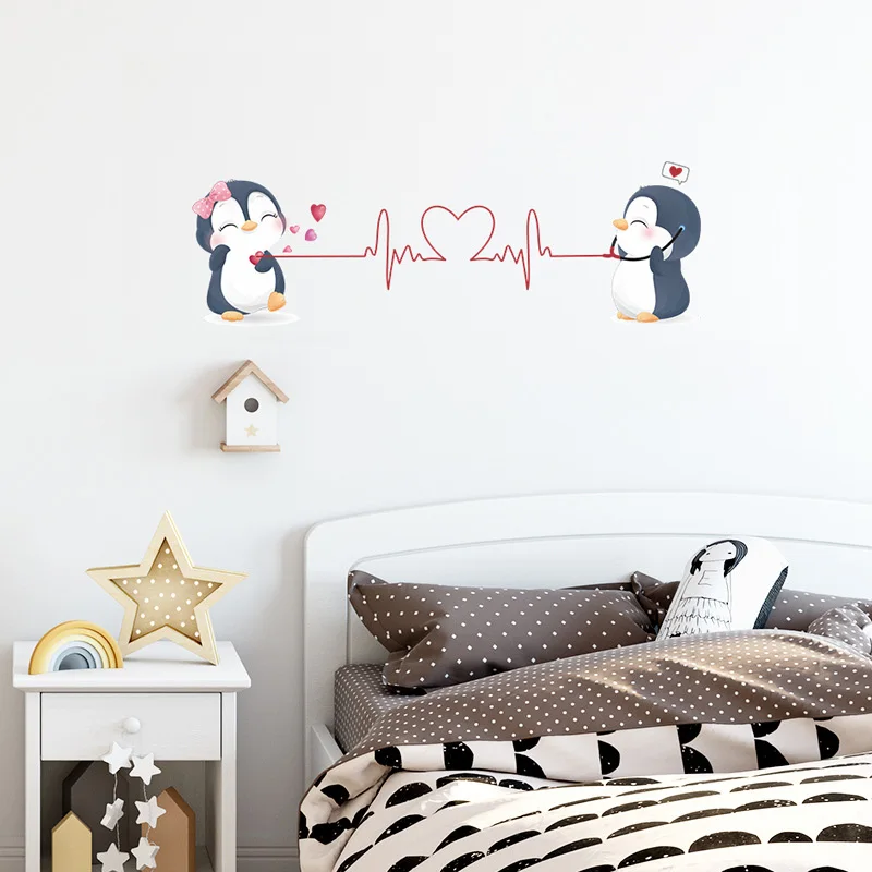 Cute Couple Penguins Wall Sticker Living Room Bedroom Background Home Decoration Cartoon Stickers Valentine\'s Day Wallpaper