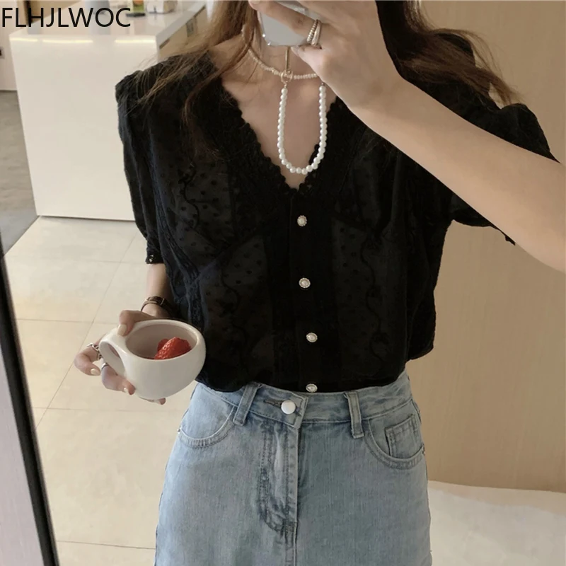 Embroidery Cute Chic Top Women Summer Korea Japanese Preppy Style Single Breasted Button Vintage White Short Shirt Blouses