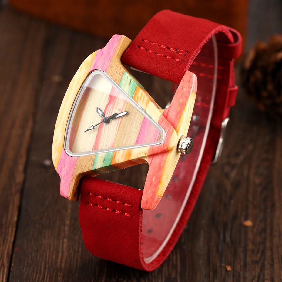 Exquise Triangle Dial Fashion Women Wood Watch Cute Hit Color Rainbow Lines Bamboo Wooden Clock Wooden Quartz Wristwatch Ulzzang