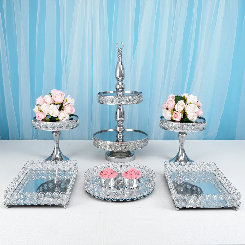 5-6pcs  French Silver Color Dessert Table Decoration Wedding Dessert Decoration Display Stand Cake Plate Metal Crystal Tray