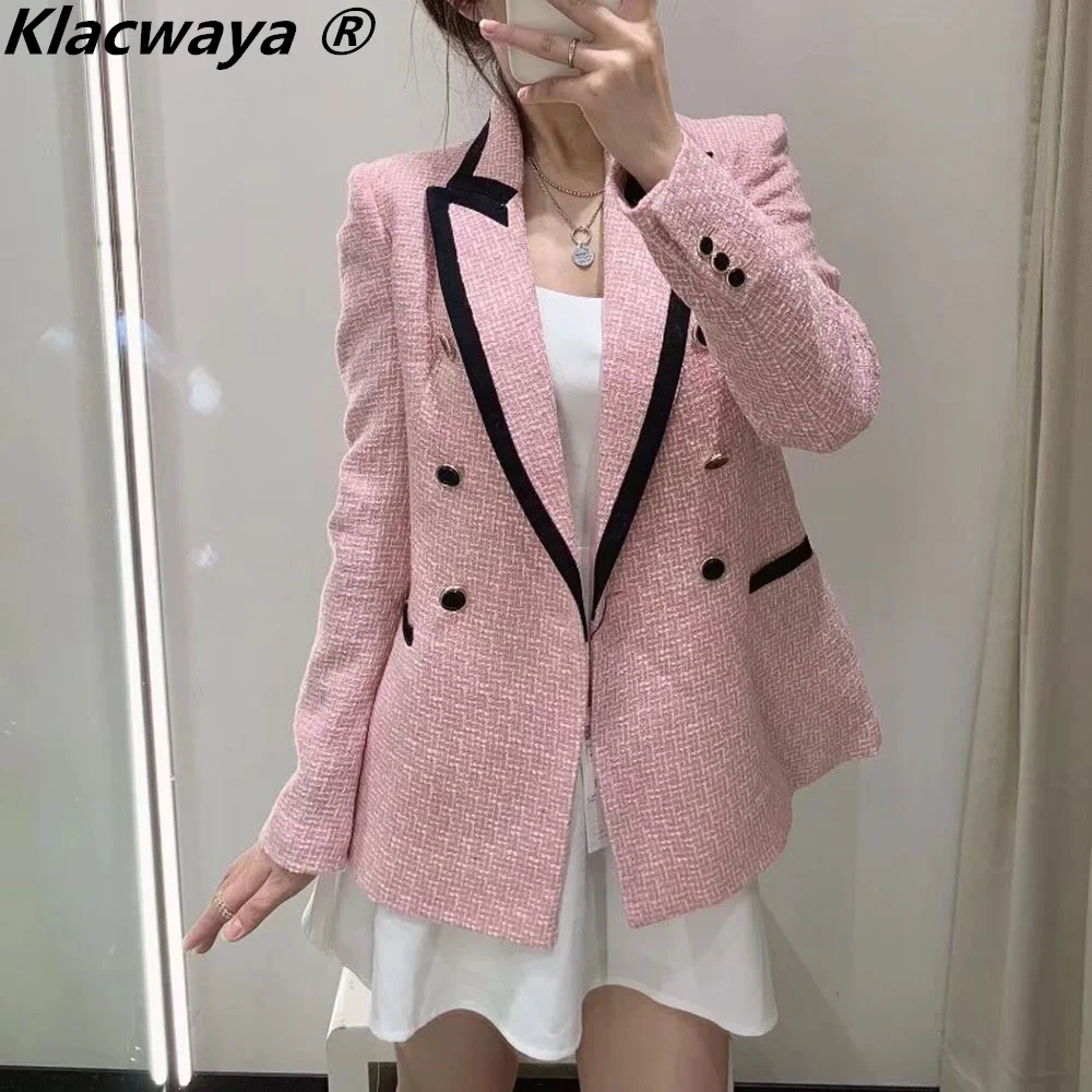 Klacwaya Women\'s Jacket Textured Tweed Suit Blazer Vintage Double Breasted Jackets For Women 2021 Autumn Female Checked Blazerrs