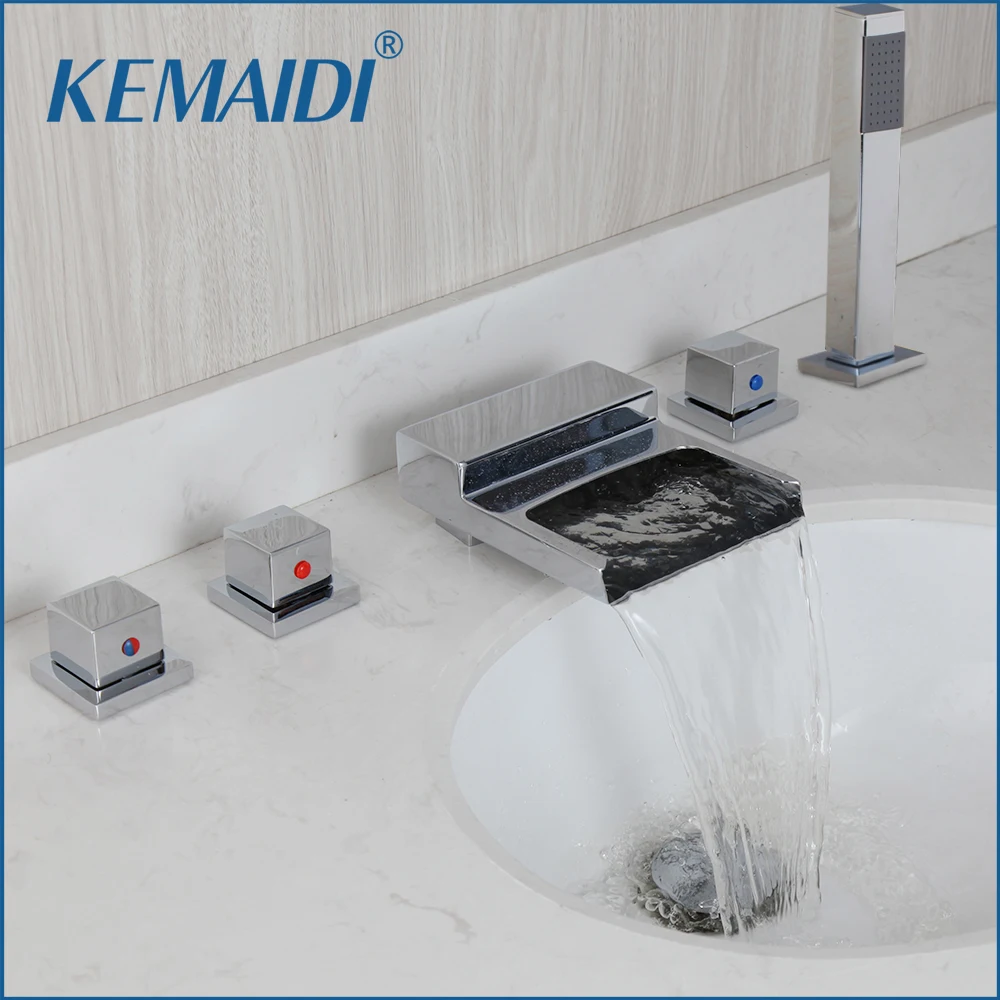 

KEMAIDI Bathroom 5 PCS Waterfall Shower Set Bathtub Tub Shower Faucet 3 Handles with Handheld Tub Mixer Taps Chrome Finish