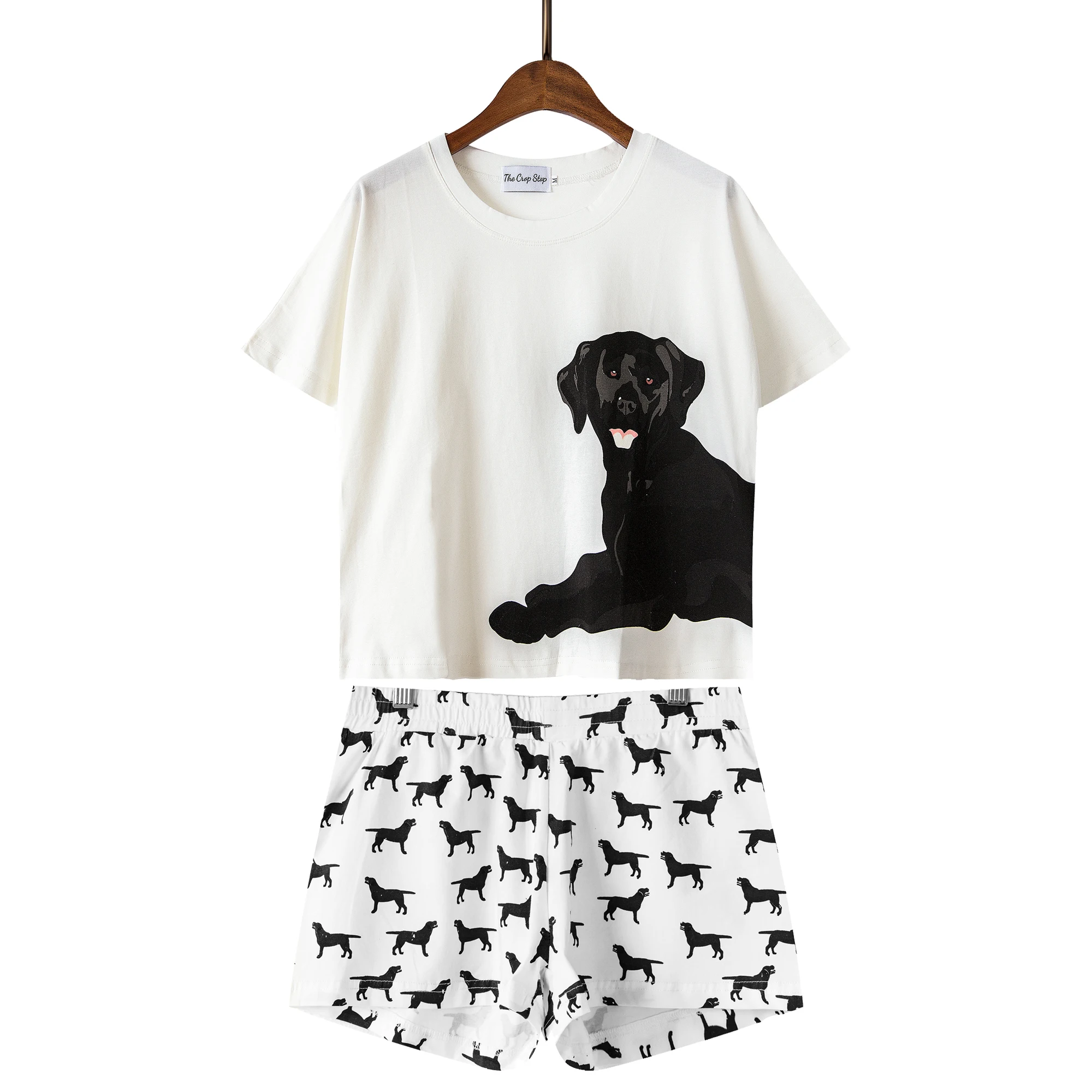 Women\'s Pajamas 2 Pieces Set Dachshund Labrador Dog Crop Top Short Sleeve Shorts Elastic Waist Loose pijamas S6706