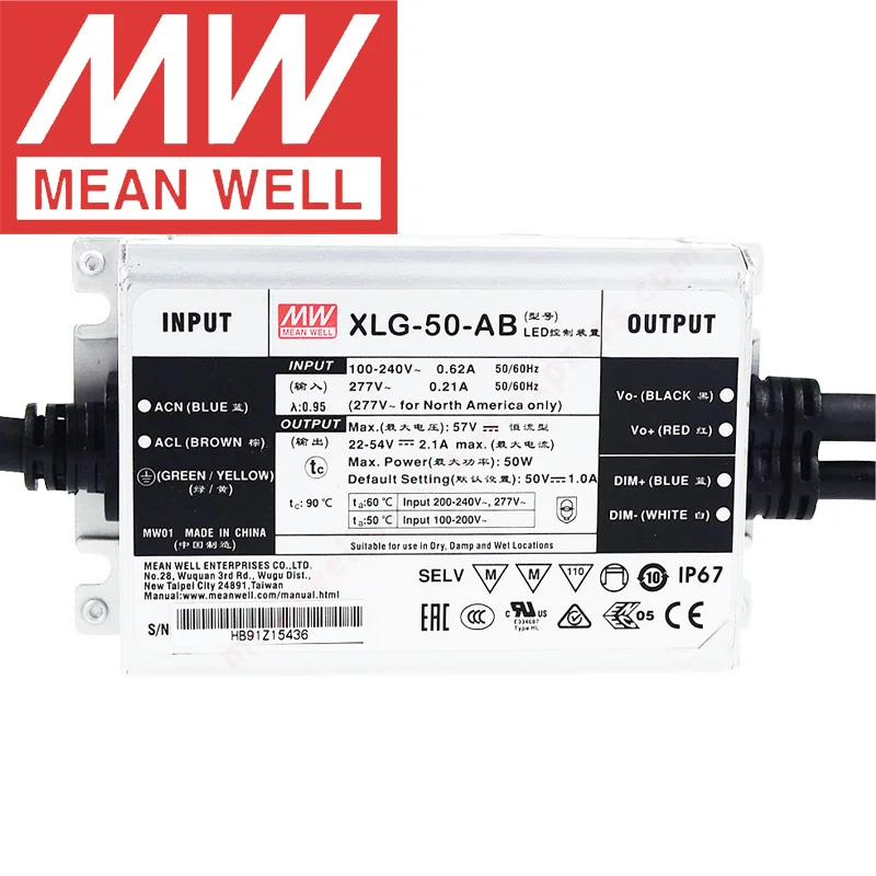 Mean Well XLG-50-A/AB IP67 Metal Case with PFC Street/Architectural lighting meanwell 50W Constant power Mode LED Driver