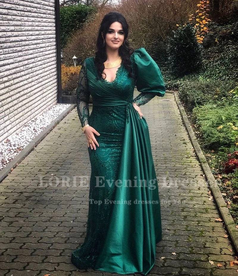 LORIE Green Evening Dresses Long Puff Sleeves Mermaid Saudi Arabia Lace Appliques Prom Dress Formal Party Gown Vestidos De Gala