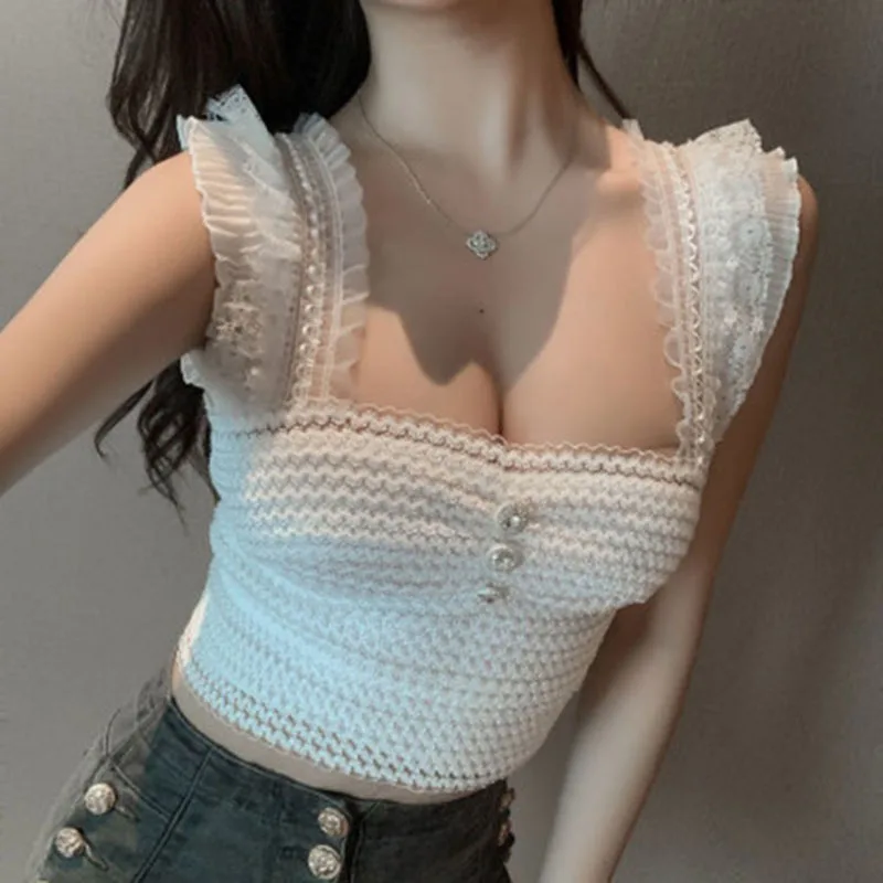 Sexy Women Tank Tops 2022 Summer New Solid Short Lace Navel Sexy Fashion Wild Harajuku Koream Female Tanks