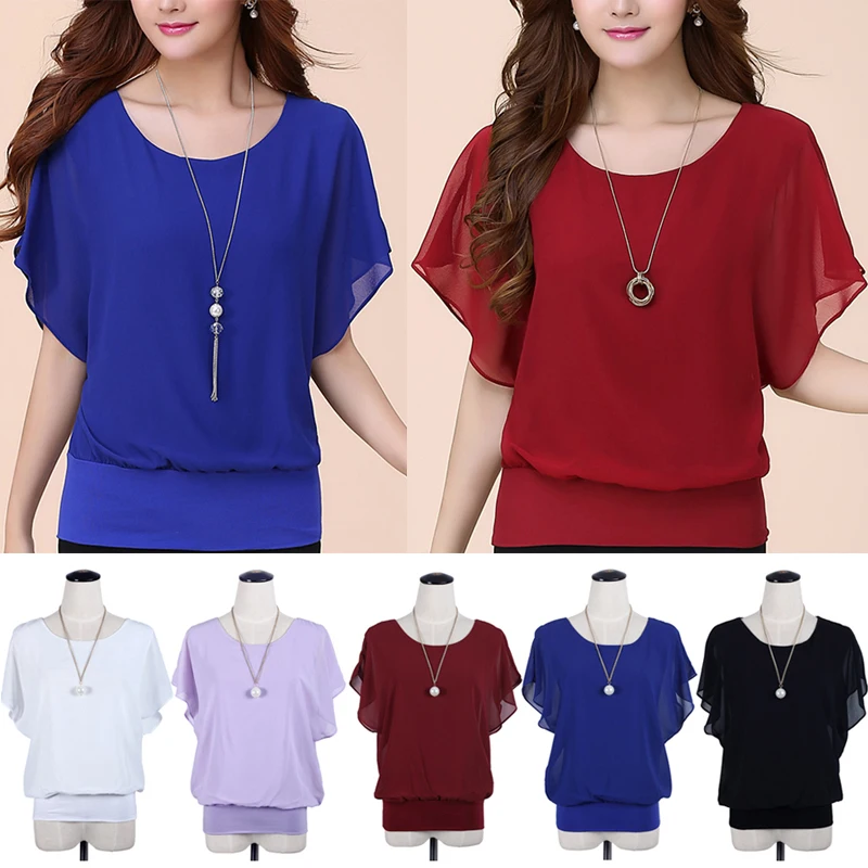 5 Colors Short Bat Sleeve Chiffon Loose T-shirt Casual Women Solid Elegant Polyester Blouse