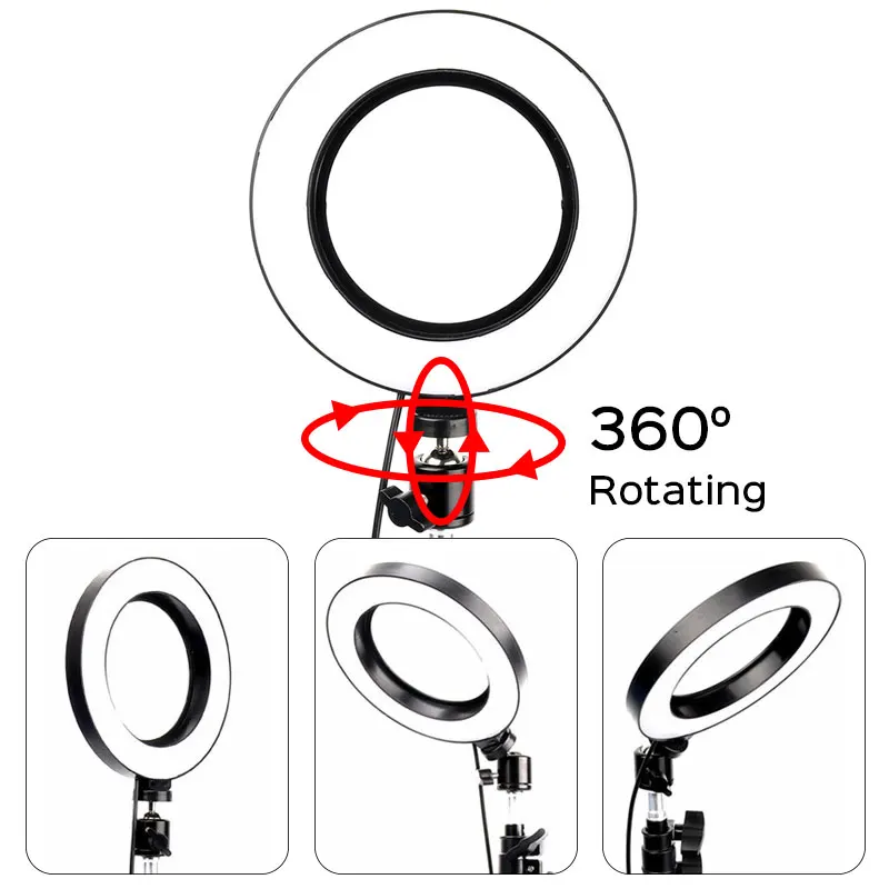 LED 링 라이트 유튜브 비디오 라이브 사진 셀카 링 램프, 사진 스튜디오 카메라 라이트, 1.6m 전화 클립 삼각대 포함, 6 인치, 16cm