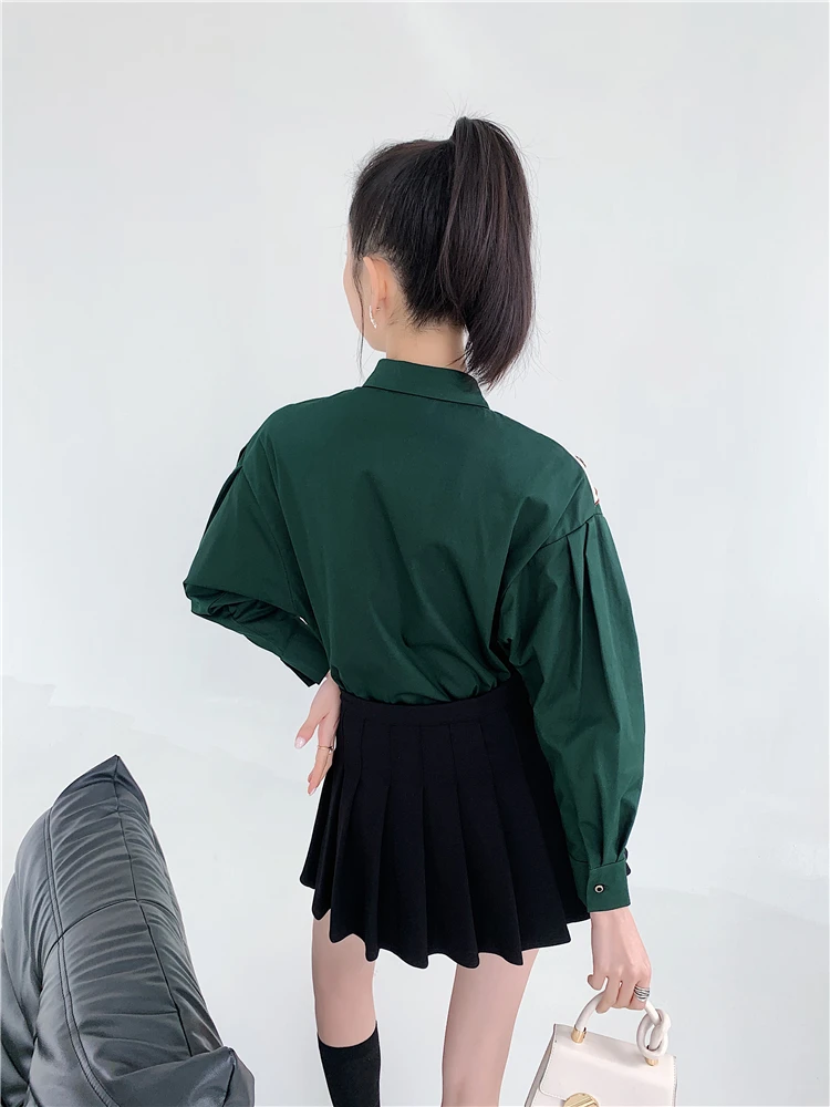 CHEERART Deer Embroidered Cotton Green Long Sleeve Button Up Shirt Fall 2021 Womens Fashion Patchwork Top And Blouses Autumn