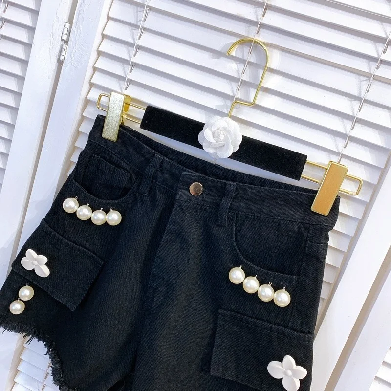 Street High Women Summer Pears Beading Denim Shorts Female Casual Slim Fit Tassels Short Jeans Fashion Punk Style Flowers Shorts