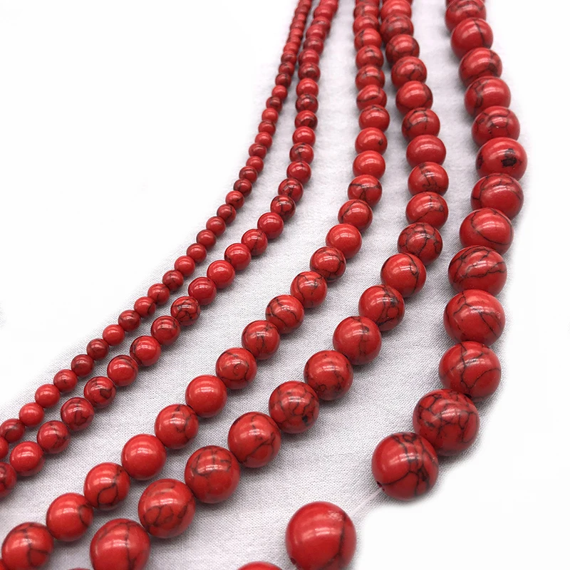 Wholesale Natural Red Howlite Turquoises Stone Round Loose Beads 4 6 8 10 12 Bracelet Fit Diy Charm Beads For Jewelry Making