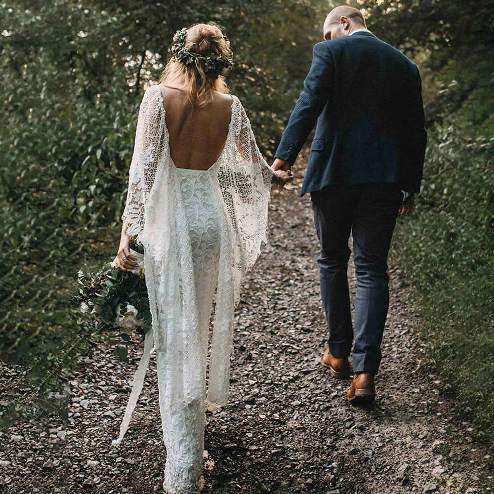 Boho długi nietoperz suknia ślubna Backless Lace Custom Made cel Elopement wysoki podział paczuli płaszcza suknia ślubna