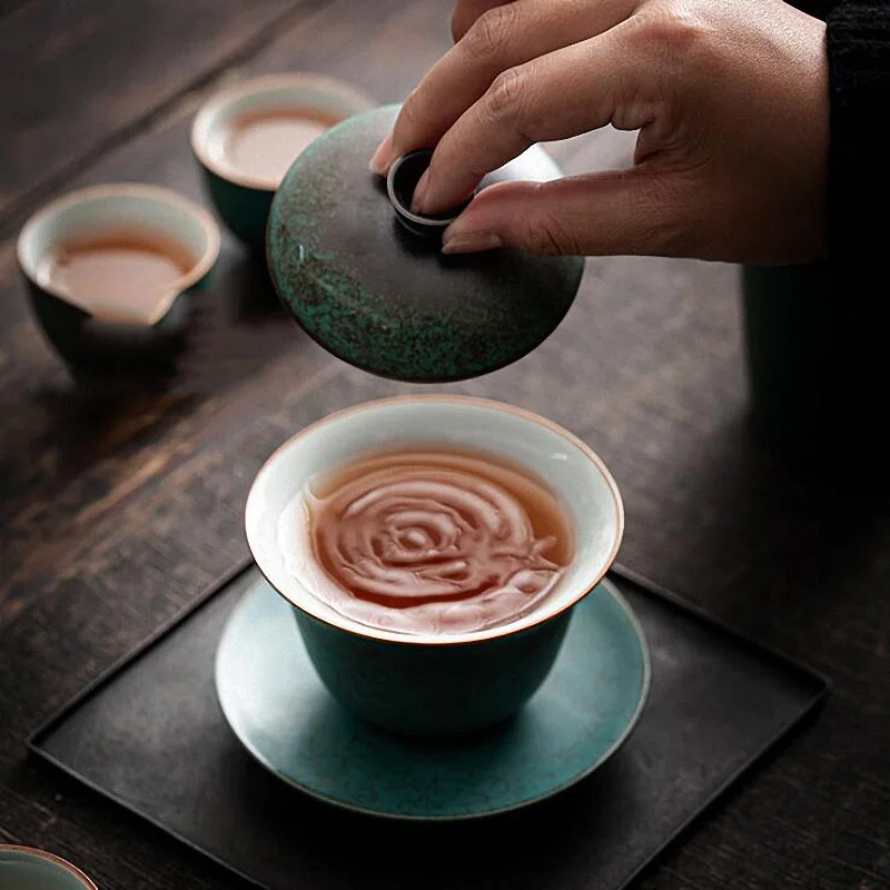 PINNY 160ML Ceramic Turquoise Glaze Gaiwan Coarse Pottery Tea Tureen Retro Pigmented Tea Bowl Kung Fu Drinkware