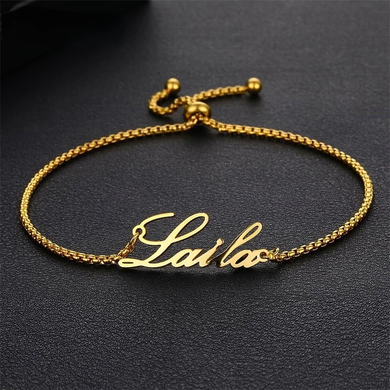 Customized Name Bracelet Women Gold Stainless Steel Adjustable Stretch Arabic Letter Personalized Bracelets Jewelry Gifts