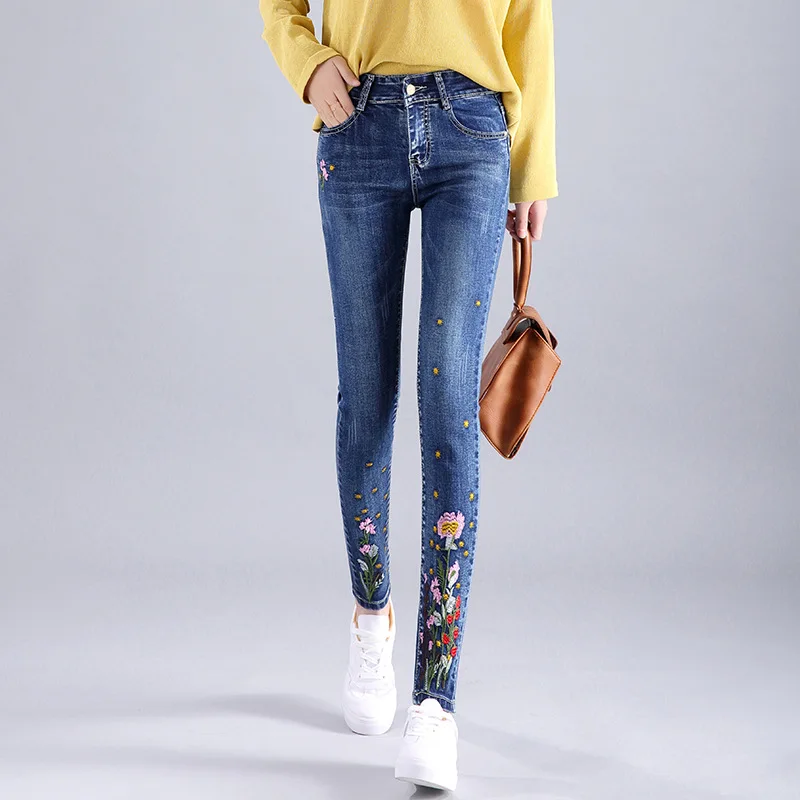 Women Jeans Woman Push Up High Waist Stretch Skinny Pencil Denim Pants Spring Summer Mom Blue Floral Embroidered Trousers