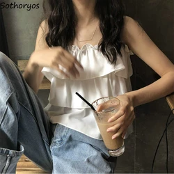 Camis Women Spaghetti Strap Ruffles Cake Elegant Sexy Summer Chiffon Solid Womens Tops Pleated Korean Chic New Fashion Camisoles
