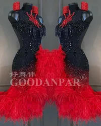 Latin Dance Dress feathers Ballroom Latin Rumba Salsa Samba Dance Dress  Competition latin dress Black and Red  GOODANPAR