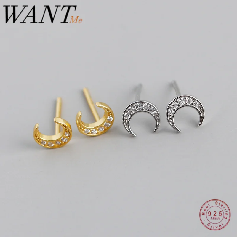WANTME Fashion Korean Genuine 100% 925 Sterling Silver White Zircon Moon Small Stud Earrings for Women Mini Fine Party Jewelry