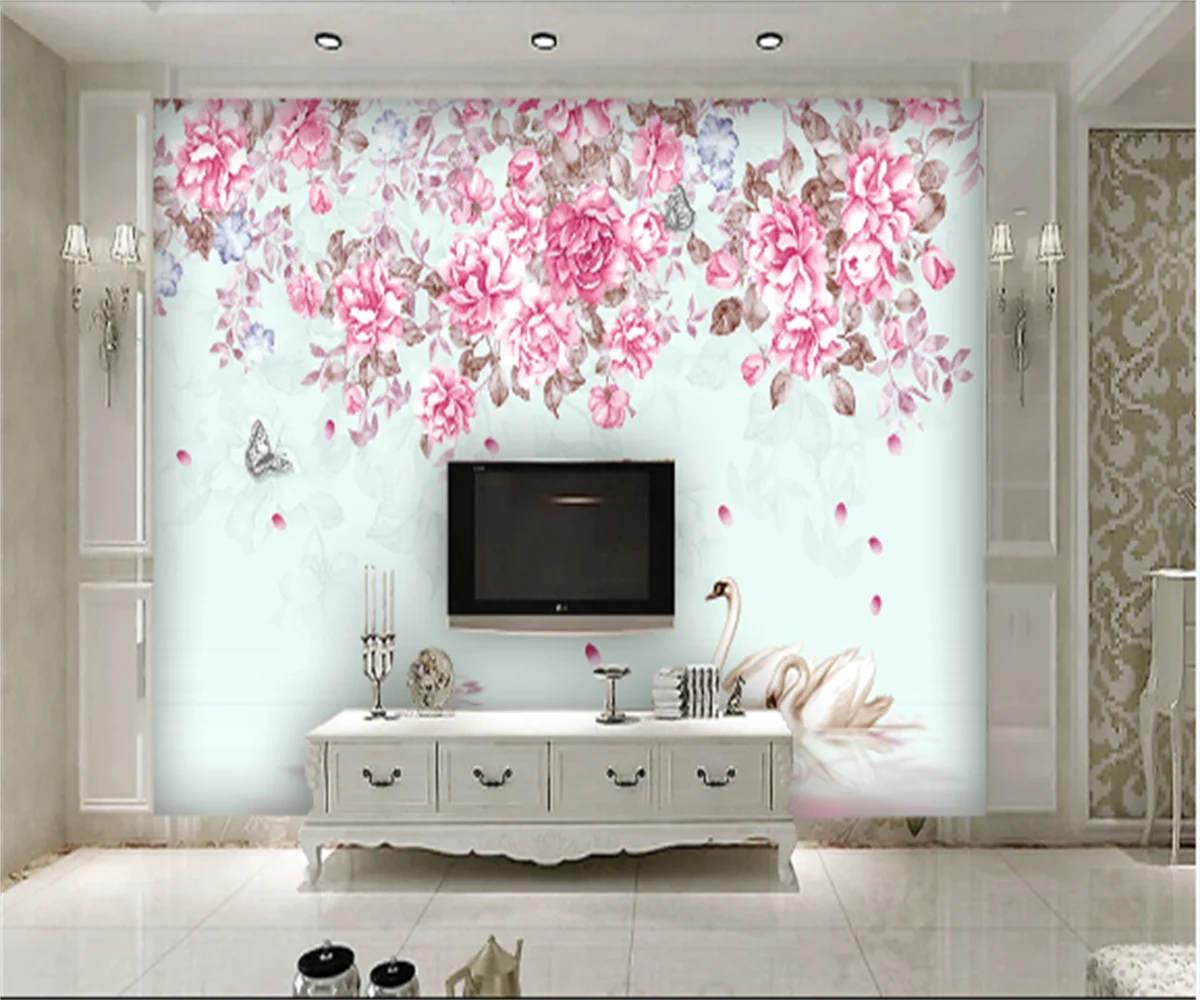 

Professional custom American hand-painted swan rose flower retro background wall wallpaper mural photo wall sticker