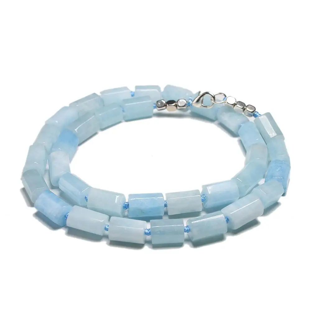 Natural Faceted Aquamarines Stone Beads Necklace for Women Cylinder Gem 33 Beads Knotted Necklaces Crystal Healt Gift 17 Inch