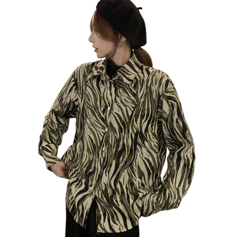 Women\'s Zebra Pattern Blouses Spring Autumn Tie-Dye Fashion Casual Loose Long Sleeves Shirts